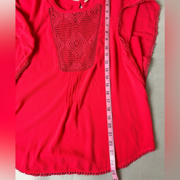 Anthropologie Meadow Rue Blouse Size XS Coral Red Pom Pom - Picture 6 of 6
